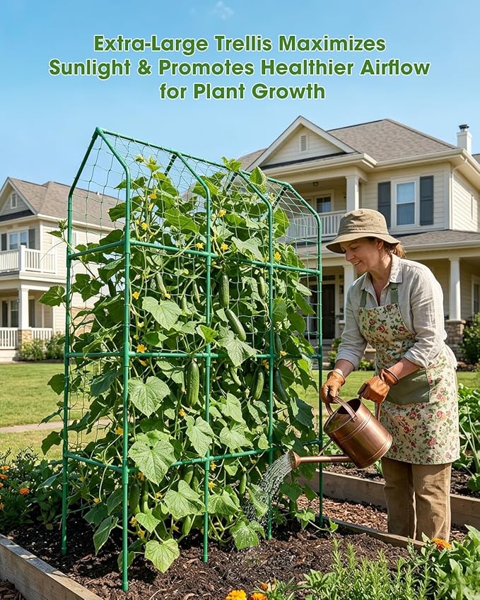 65" Cucumber Trellis for Climbing Plants Outdoor, Metal Garden Trellis for Raised Bed, Plant Support Structures with Netting for Cucumbers Tomatoes Beans Peas (50 * 17 * 65inch(L*W*H), Trellis)