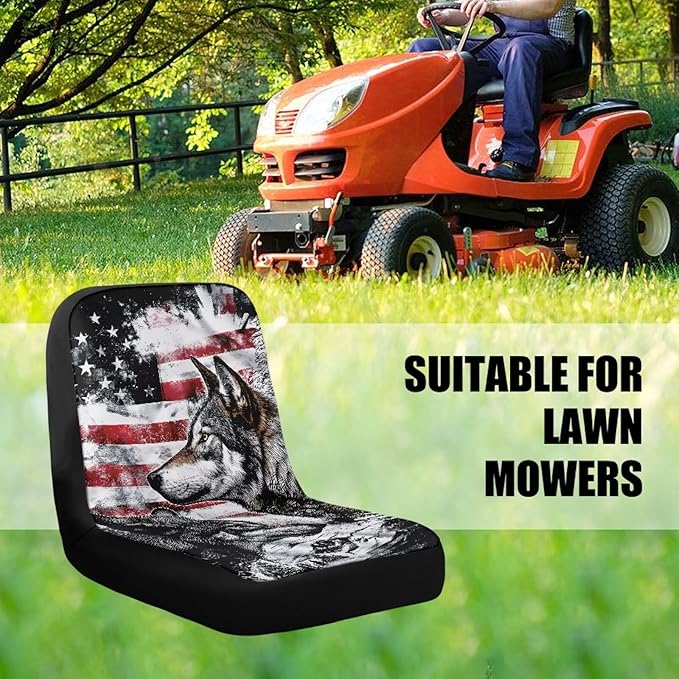 Wolf American Flag Riding Lawn Mower Seat Cover, Heavy-Duty Waterproof Tractor Seat Cover for Farm Equipment, Seat Cover for Zero Turn Mower
