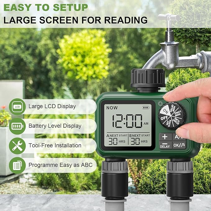 2 Zone Water Timer for Outdoor Garden Hose, Sprinkler Timer for Garden Faucet with Auto/Manual/Rain Delay Mode, Sprinkler Irrigation Controller for Yard Lawn