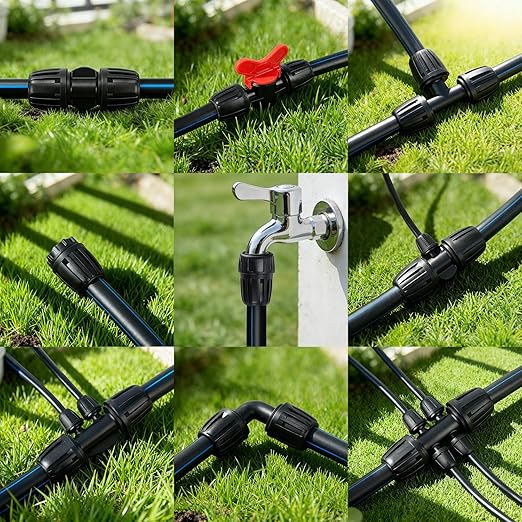 30 Pack 1/2 Inch Drip Irrigation Fittings Kit (1/2" ID x 0.6-0.65" OD), 1/2" Dripline Lock Nut Barbed Connectors - 4 Tees, 4 Couplings, 4 Elbows, 4 Valves, 6 Plugs, 3 Adapters, 5 Reducers