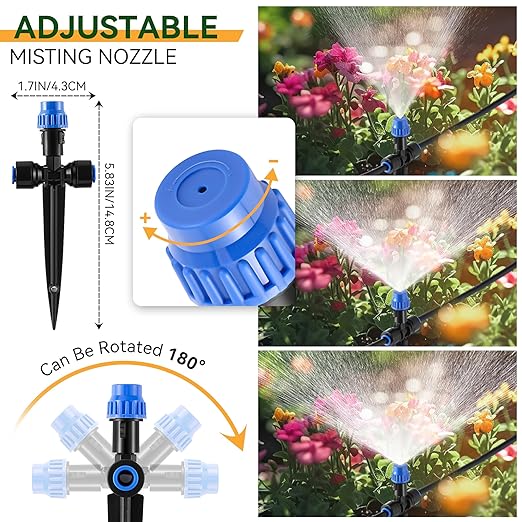 Meonum 65FT Greenhouse Watering System, Quick Connector Hanging Plant Watering System Automatic Mist Irrigation Kit with 1/4'' Blank Tubing, Two way Faucet Connector, Adjustable Misting Nozzle(2 Pack)