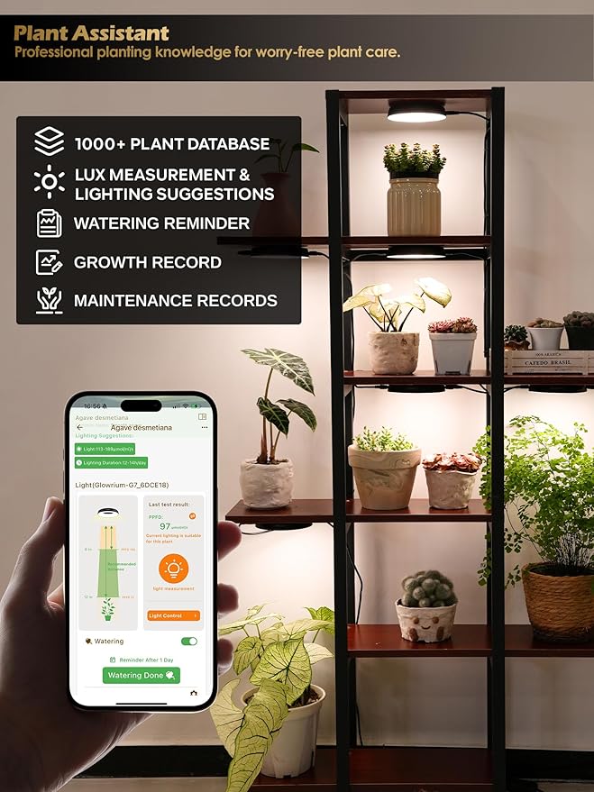 GLOWRIUM Grow Lights for Indoor Plants, 16W Smart Full Spectrum LED Grow Light, Auto Timer and Stepless Dimming,Plant Assistant with Watering Reminder,Modular Design (Black, 2 PCS)