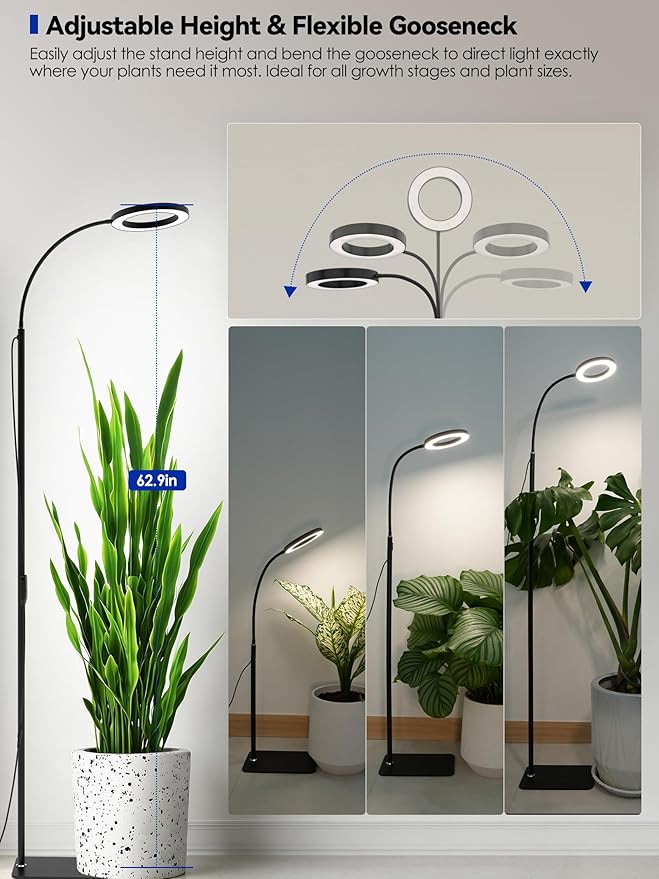 GLOWRIUM Grow Lights for Indoor Plants, Full Spectrum LED Grow Light Floor Lamp with Stand Adjustable Height and Angle, Black Plant Light with 3/9/12H Grow Light Timer (Black, 20W)
