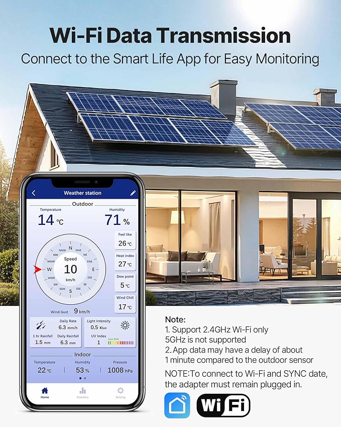 VEVOR 7-in-1 Wi-Fi Weather Station, 7-Inch TFT Display, Wireless Solar Powered Outdoor Sensor, Rain Gauge, Indoor Outdoor for Weather Forecast, Wind Speed Direction, Temperature, Humidity, Rainfall