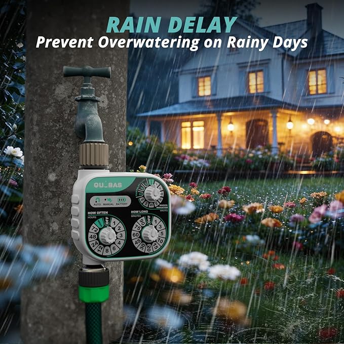 QUOBAS Mechanical Dial Hose Timer, Waterproof Sprinkler Timer with Rain Delay/Auto/Manual Modes for Drip Irrigation System, Pool, Lawn, Durable Metal Fittings, Easy Set 3-Dial Program, Battery Powered