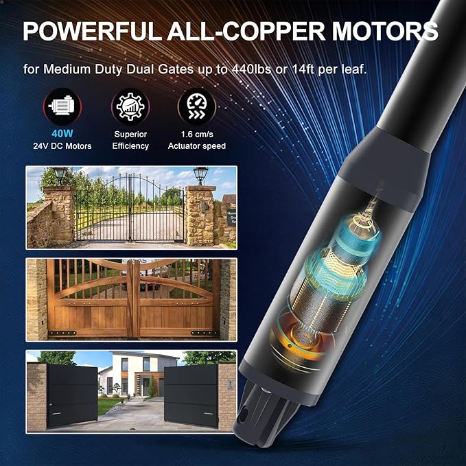 C01-L Automatic Gate Openers Kit for Dual Swing Gate Up to 14ft Long or 440lb Per Arm, Electric Gate Opener for Driveway Dual Swing Gate with Long-Range Gate Opener Remote, Motor 40W AC Powered