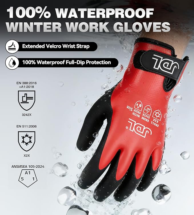 JDL 100% Waterproof Winter Work Gloves for Men & Women, Thermal Insulated Freezer Gloves for Cold Weather, Super Grip Palm