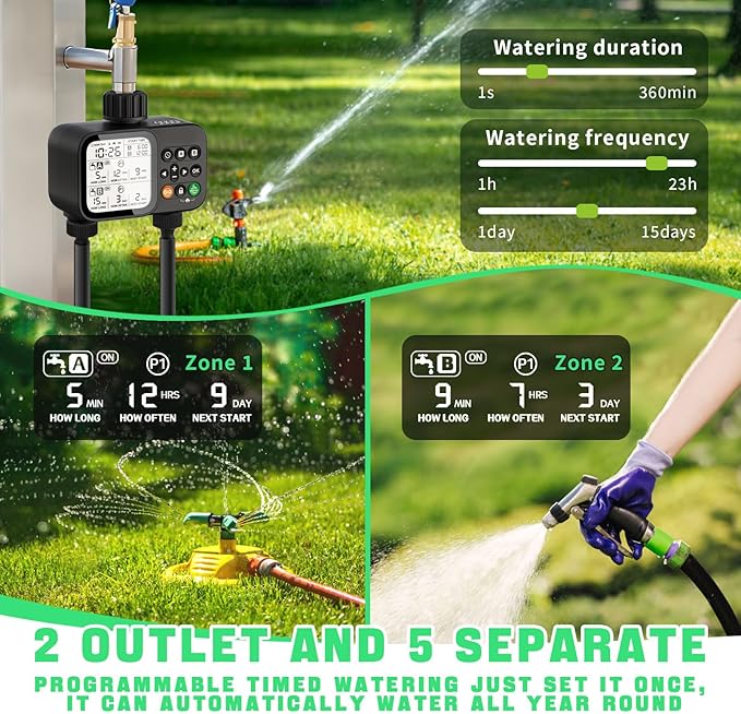 Sprinkler Timer for Garden Hose, 2 Zone Water Timer with with Auto Rain Delay, IP54 Waterproof 3.3“ Large LCD Drip Irrigation System Timers for Plant, Yard, Lawns, Outdoor