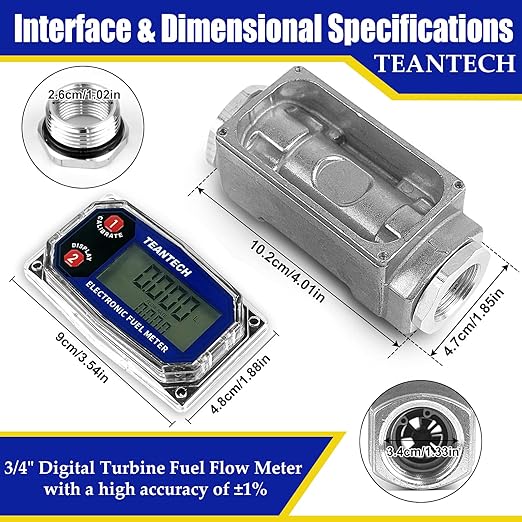 Turbine Flow Meter 3/4" inch Digital LCD Display with NPT Counter Oil Flowmeter Kerosene Diesel Fuel Flow for Measure Diesel Kerosene Gasoline