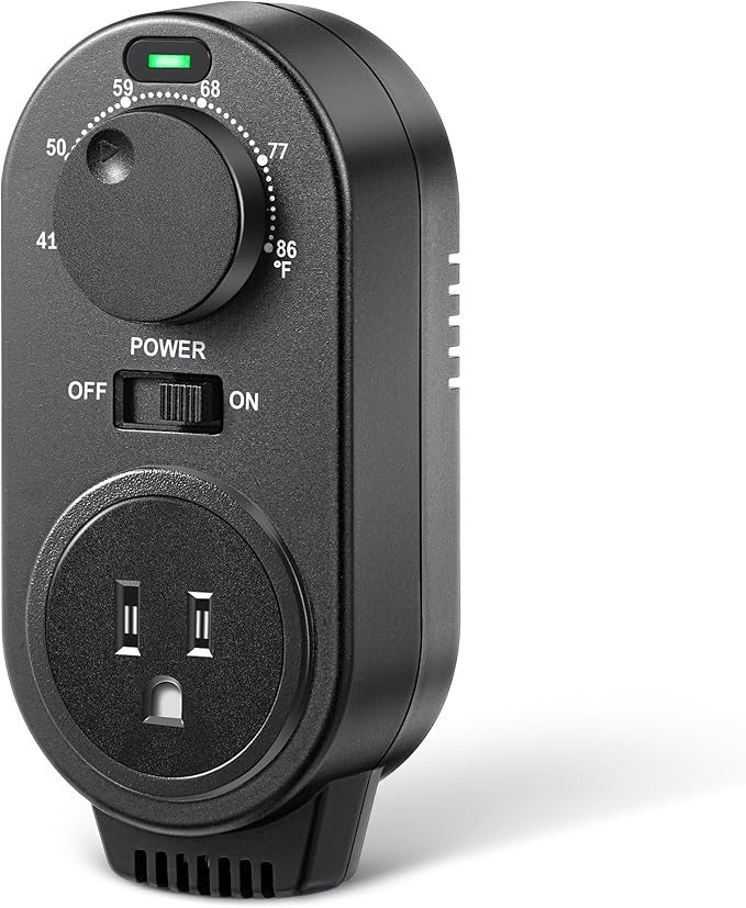 Adjustable Thermostat, Plug in Heating and Cooling Thermostat Controlled Outlet, Compatible with Portable AC, Fans and Space Heaters (1 Pack,Black)