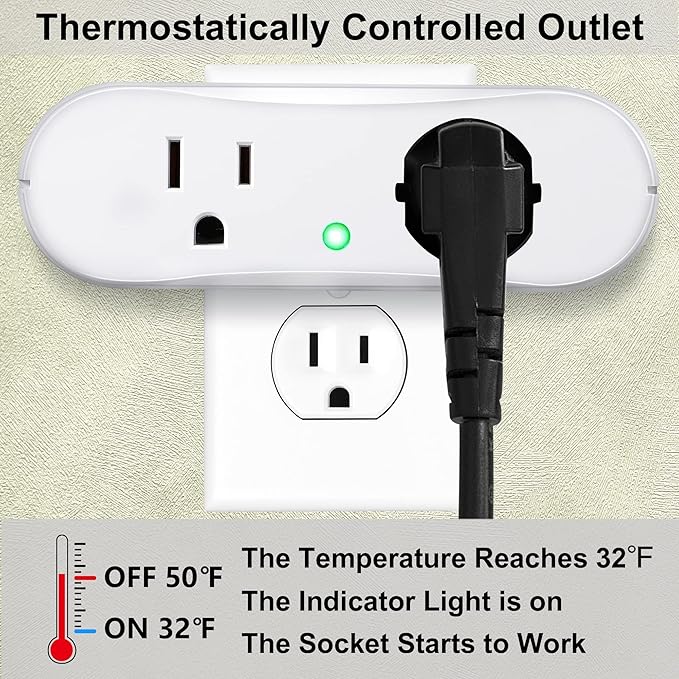 Thermostatically Controlled Outlet: (1 PCS) Automatically Turn on Below 32℉, Turn Off Above 47℉ Unnecessary to Control Power Manually in Cold Winter Cube