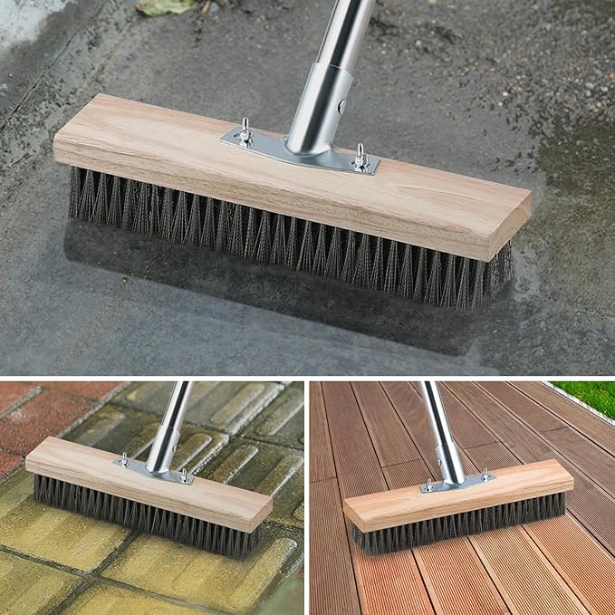 Mitclear Heavy Duty Wire Broom with Telescopic Handle(57IN), Stiff Metal Bristle Brush for Removing Weed Moss, Outdoor Floor Scrub Brush for Patio, Deck, Garden, Concrete, Garage