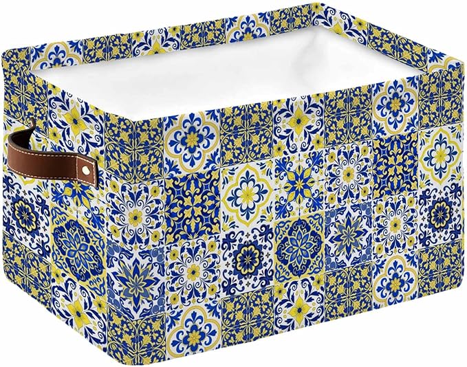 Middle Century Storage Bins Cubes Waterproof Cloth Storage Basket, Vintage Farmhouse Bohemia Style Blue Foldable Storage Bags for Shelf Clothes Storages Organizers with Handles 15x11x9.5 in 1PCS