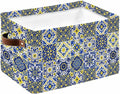Middle Century Storage Bins Cubes Waterproof Cloth Storage Basket, Vintage Farmhouse Bohemia Style Blue Foldable Storage Bags for Shelf Clothes Storages Organizers with Handles 15x11x9.5 in 1PCS