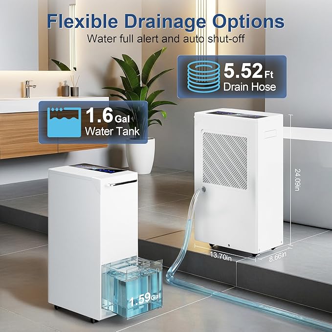 5500 Sq.Ft Dehumidifier for Basement for Whole Home with Drain Hose 100 Pint, Portable Big Dehumidifiers, 1.6GAL Water Tank, Auto Defrost, Smart Humidity Control, Energy Efficient&Quiet for Bathroom