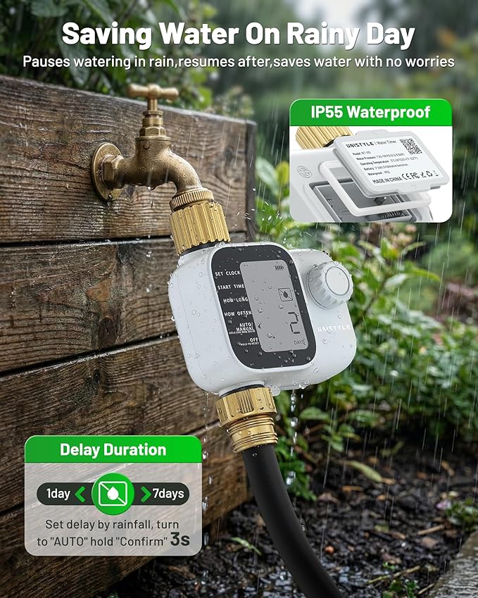 [All-New 2027] Sprinkler Timer with Brass Inlet, Unistyle Programmable Water Timer for Garden Hose, IP55 Waterproof Hose Timers with Manual and Automatic Irrigation Timers Yard Lawn Patio Heavy Duty