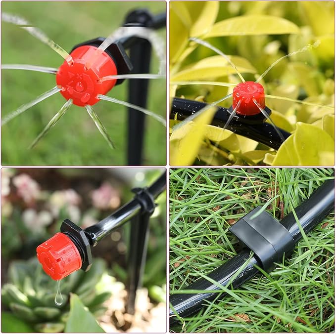 Honoson 30 Pack 1/2 Inch Irrigation Tubing Hold Down Anchor Stakes, 0.87 x 4.33 Inch Drip Tubing Stakes with 50 Pcs 1/4" Adjustable Irrigation Drippers Sprinklers for Garden Patio Lawn Hoses(Red)