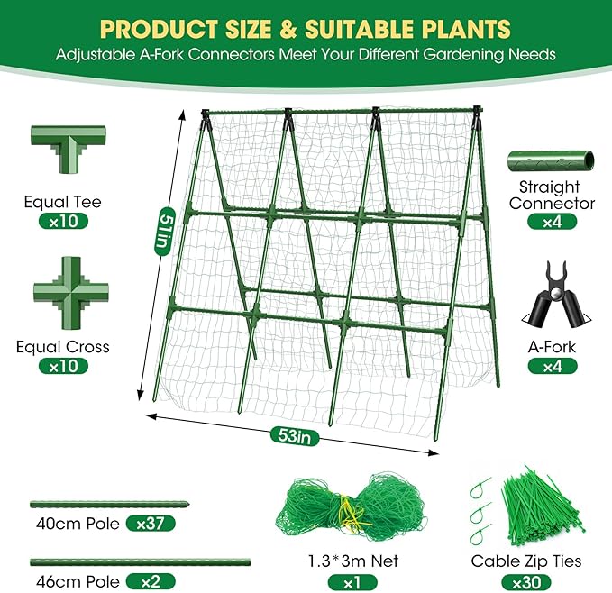 51" x 53" Cucumber Trellis for Raised Bed, A-Frame Garden Trellis for Climbing Plants Outdoor, Rust-Proof Metal Support for Tomato, Peas, Beans, Zucchini & Vines, with Netting & Clips