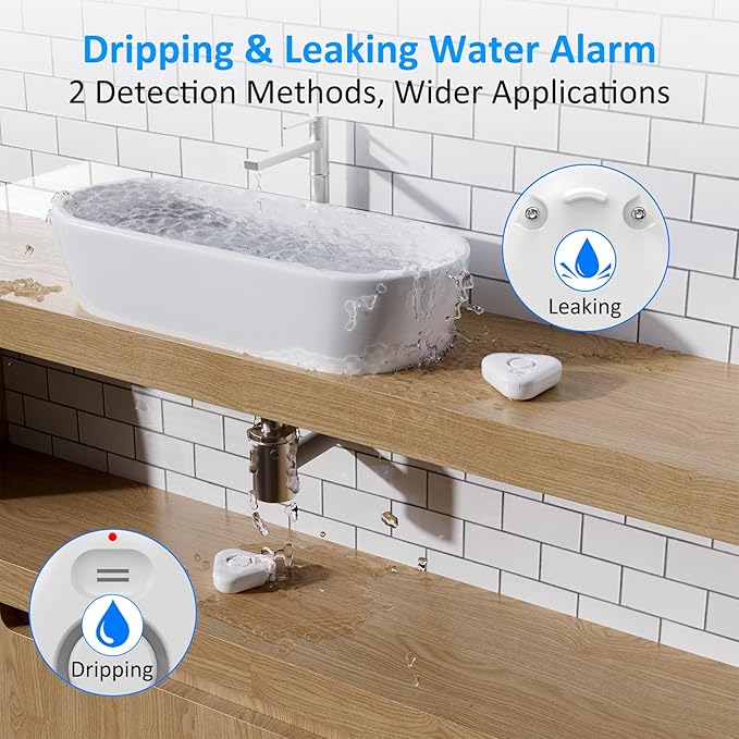 Smart Water Leak Detectors for Home WiFi with App Alerts, Stechro Ajustable 120dB Water Sensor Alarm Leak Detector for Basements Sink Kitchen Laundry, 1 Water Sensor & 1 Rechargeable Gateway