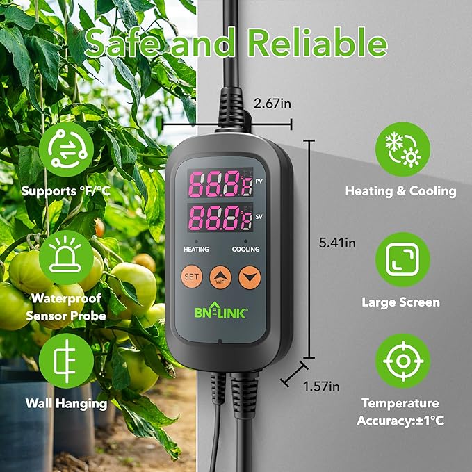 BN-LINK Digital Temperature Controller Thermostat Outlet with Heating Cooling Mode, 2-Stage Outlet Thermostat Controller Plug for Reptiles Aquarium Carboy Homebrew Breeding Fermenter Seed Germination