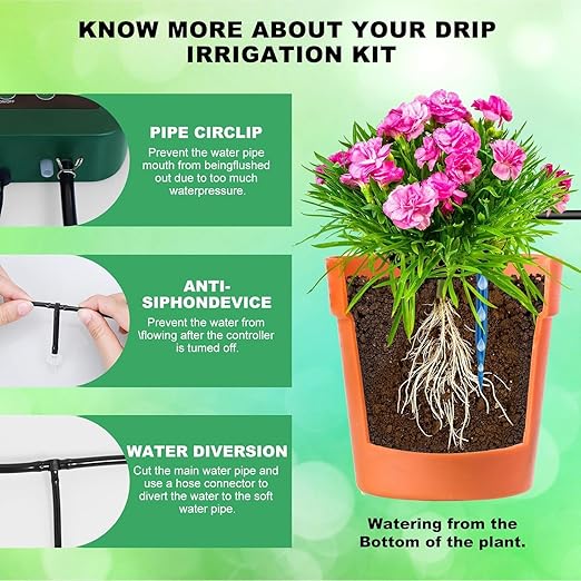 Lewisia 5W Solar Drip Irrigation System with Timer Auto Watering Kit for Garden Raised Beds Patio Lawn Greenhouse Up to 30 Plants