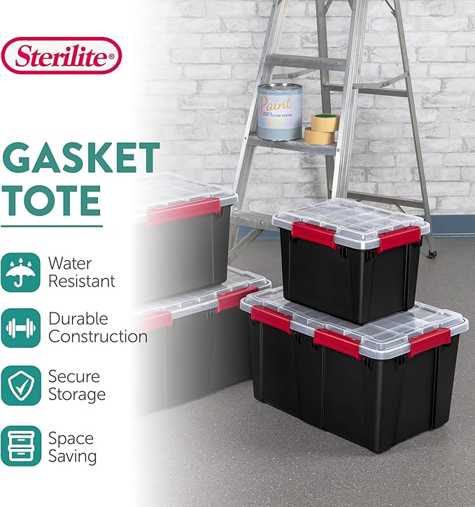 Sterilite 18 Pack 5 Gallon Gasket Box, Stackable Plastic Storage Container with Lids, Black - Waterproof and Dustproof Tote for Home Organization
