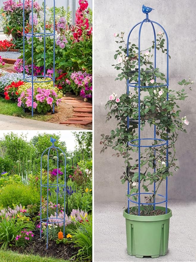 6 Feet Tall Garden Trellis for Climbing Plants Kalolary Garden Tower Obelisk Trellises Rustproof Metal Potted Plant Climbing Support for Indoor Outdoor Flowers Vegetable Fruits Vines Support (Blue)