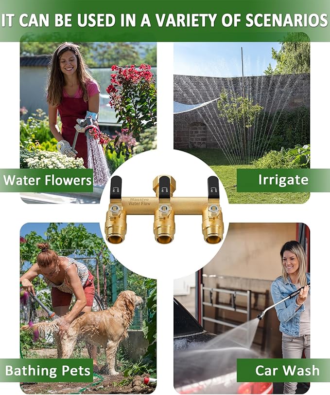 3 Way Hose Splitter, Heavy Duty Full Flow Garden Water Hose Bib Spigot Splitter, Brass Rust and Freeze Resistant Outdoor Faucet Splitter, T Adapter Connector with 3/4 - Inch GHT Thread （Black）