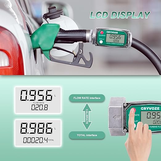 1.5 Inch NPT Fuel Flow Meter, 10.5-74 GPM 1-1/2" Inline Digital Turbine Flowmeter with LCD Display for Water, Diesel, Gas Oil, Gasoline, and Other Liquids - Supports Gallon, QTS, PTS, L, m³