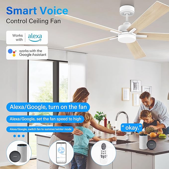 Lorpies 60” Smart Ceiling Fan with Lights Remote,Control via Alexa Google Voice App Wifi,Silent DC Motor,Dimmable,Outdoor Indoor Modern Ceiling Fans for Large Bedroom Patio Porch,White and Wood