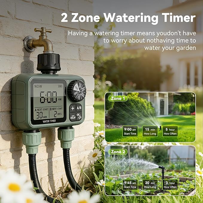 CMARS 2 Zone Sprinkler Timer for Garden Hose – Features Rain Delay, Manual & Automatic Modes, Brass Inlet, Dual Outlet Design, Programmable Watering & Drip Irrigation Ready for Lawn Yard