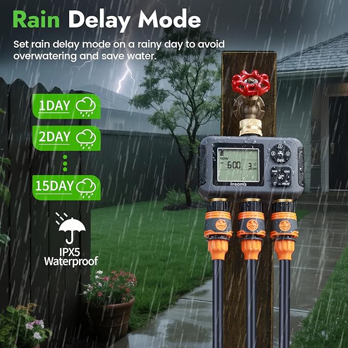 Insoma Water Timer with Brass Inlet, 3 Independent Zones Outdoor Hose Timer for Garden Faucet with Auto/Manual/Rain Delay Mode, IPX5 Waterproof, Sprinkler Irrigation Controller for Yard Lawn