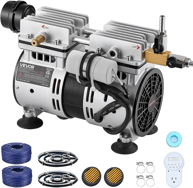 VEVOR Pond Aerators, 5.2CFM Aeration System for Lake up to 3 Acres, 3/4 HP Air Compressor, 2 Diffusesr & Two100' Weighted Tubings, Aeration Pump for Outdoor Ponds & Lakes Deep Water Oxygen Circulation