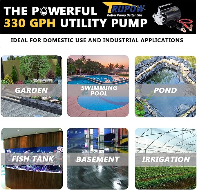Trupow DC 12-Volt 1/10HP 330GPH Battery Powered Mini Portable Electric Utility Sump Transfer Water Pump with Water Hose Kit Black…