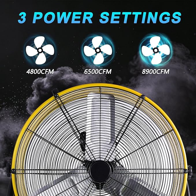 WARMLREC 24" Industrial Floor Fan, 8900 CFM High Velocity Drum Fan with 3 Speeds, Portable Heavy Duty Industrial Fan for Warehouse, Workshop, Factory, Commercial, Residential and Greenhouse Yellow