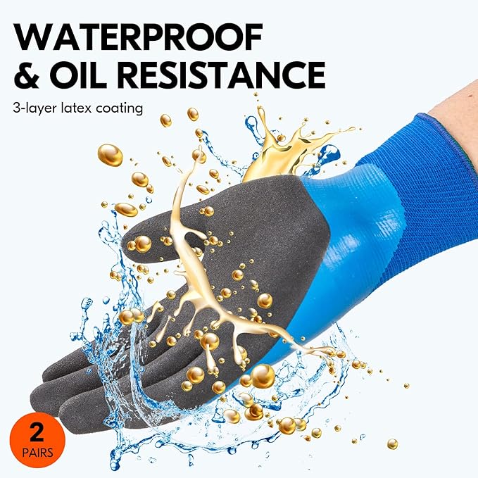 Vgo... 1-Pair 32°F Triple Latex Coating Winter Gloves, Light Duty Work Gloves, Waterproof, Oil Resistance, Abrasion Resistance (Size L, Blue, RB2172F)
