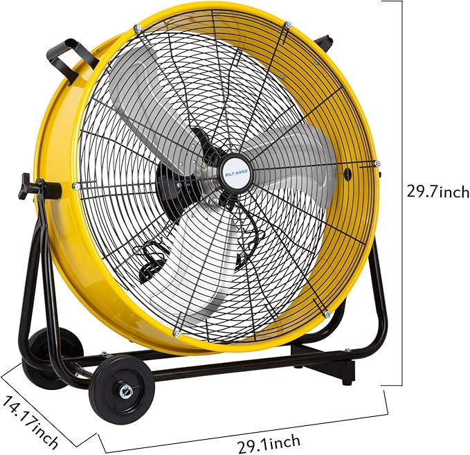 BILT HARD 24" 8100 CFM High Velocity Drum Fan, 3 Speeds Heavy Duty Tilt Metal Floor Shop Fan, Commercial Industrial Use for Garage, Factory, Warehouse, Yellow