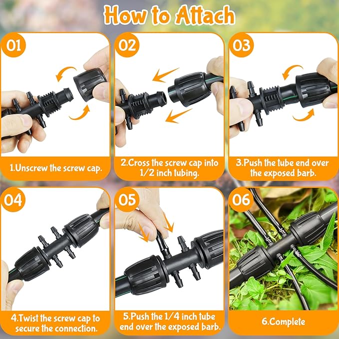Gardrip Drip Irrigation Fittings for 1/2 Inch to 1/4 Inch Tubing Reducing Tee：1/2" (1/2" ID x 0.65" OD) to 1/4" Anti-Drop Locked Nut Barbed Reducer 6 Way Tee Connectors (12 Pack)