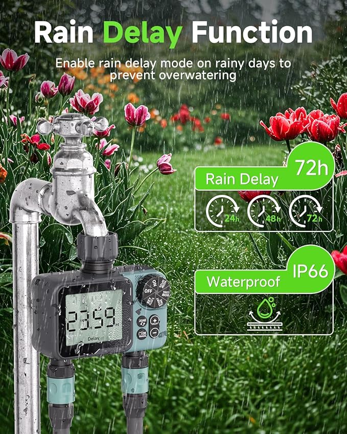 Sprinkler Timer 2 Zone & Digital Water Timer for Garden Hose, Yard, Lawn, Pool – Programmable Irrigation Controller with Rain Delay, IP66 Waterproof Auto & Manual Irrigation System