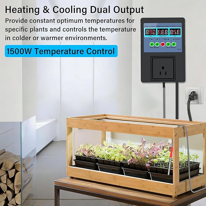 TempMaster Digital Temperature Controller Outlet,Heating & Cooling Thermostat with Dual Relay 15A 3300W,-20~120℉ Incubator Thermostat with Waterproof Probe,Temperature Control Switch for Reptile Tank