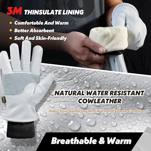 DLY Winter Gloves Women, Insulated, Puncture and Abrasion Resistant, Cowhide Leather with Warm Thinsulate Lining for Cold Weather, XX-Large, White, New