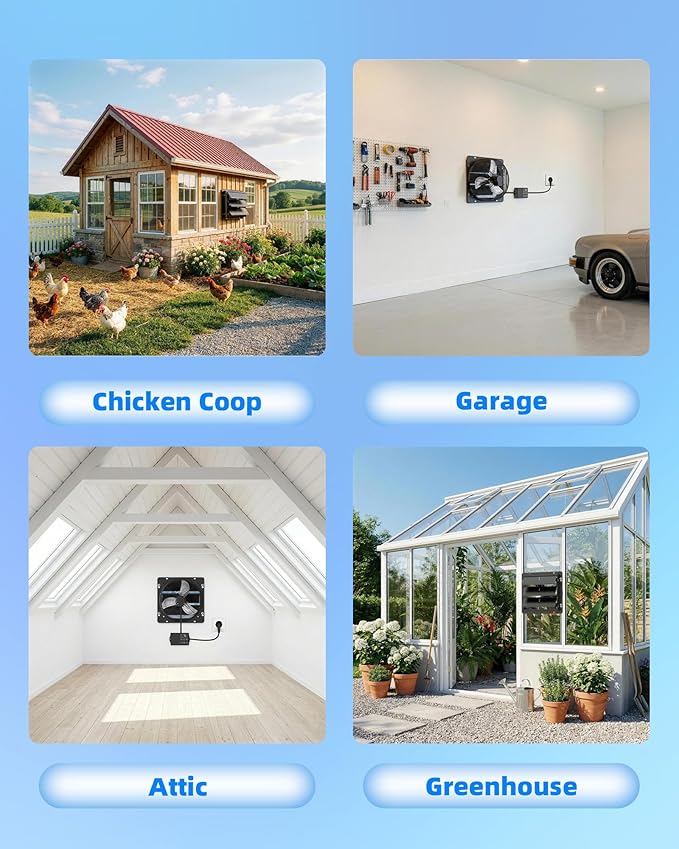 8 Inch Upgraded Shutter Exhaust Fan with Thermostat & Remote Control, Automatic On/Off by Temperature, 760 CFM Wall Mounted Garage Fan for Attic, Greenhouses, Sheds, Chicken Coops & Shops