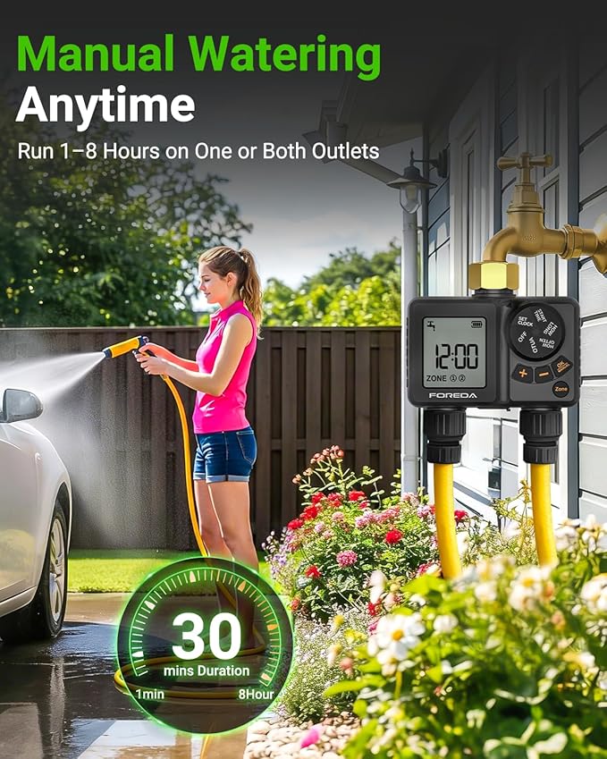 2 Outlet Water Timer for Garden Hose, Programmable Hose Timer for Watering with Brass Inlet, USB-C Sprinkler Timers, IPX6, Rain Delay/Manual/Auto Modes for Lawn, Yard, Farm, Pool