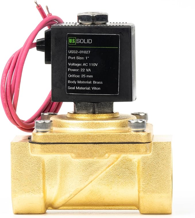 U.S. Solid 1" Brass Solenoid Valve - 110V AC Normally Closed Electric Solenoid Valve with Viton Seal, Lead Wire Type