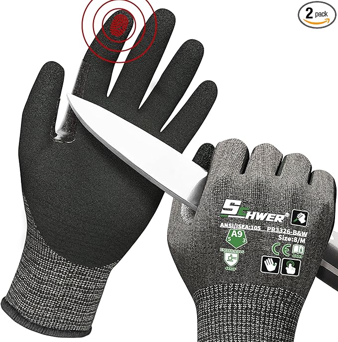 Schwer ProGuard High Level Cut Resistant Work Gloves PR3326 for Extreme Protection，ANSI A9 Cut Gloves with Reinforced Thumb, Non Slip, Durable, Touch-screen, Black 2 Pairs（M）