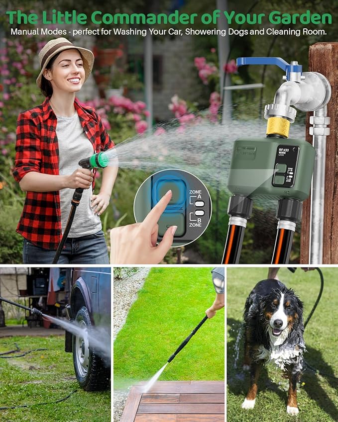 WiFi Water Timer 2 Zone for Garden Hose, Smart Sprinkler Timer with 984ft RF Range, Brass Water Inlet, APP/Voice Control, Rain Delay, Automatic/Manual Irrigation