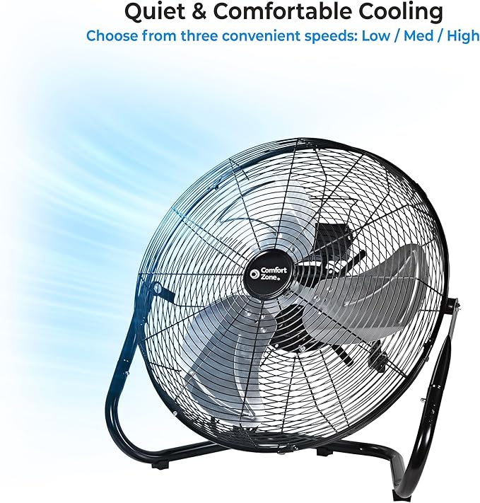 Comfort Zone 18-Inch High-Velocity Industrial Floor Fan, Heavy-Duty 3-Speed Metal Shop Fan with 180° Adjustable Tilt & Carry Handle, Quiet Vibration-Free Cooling for Garage, Workshop, & Home
