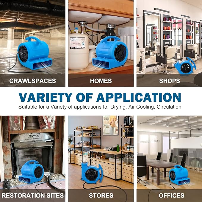 MOUNTO 1/4hp 1000CFM 2 Speed Air Mover Carpet Dryer Floor Fan Cooling Fan (Blue)