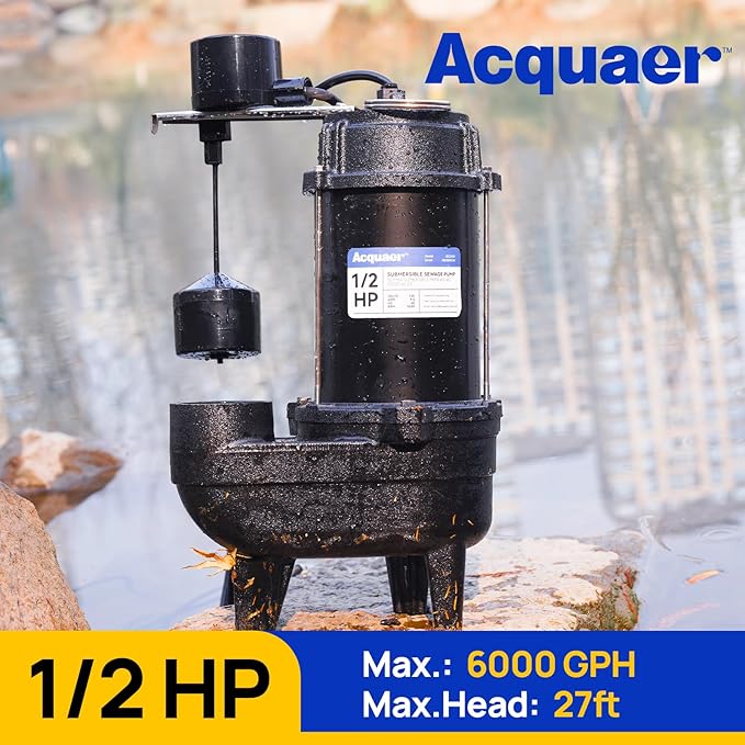 Acquaer Sewage Pump Submersible Water Pump with Automatic Float Switch, for Sump Basin, Residential Sewage, Black, 2'' NPT 1/2 HP 6000 GPH Vert. Float
