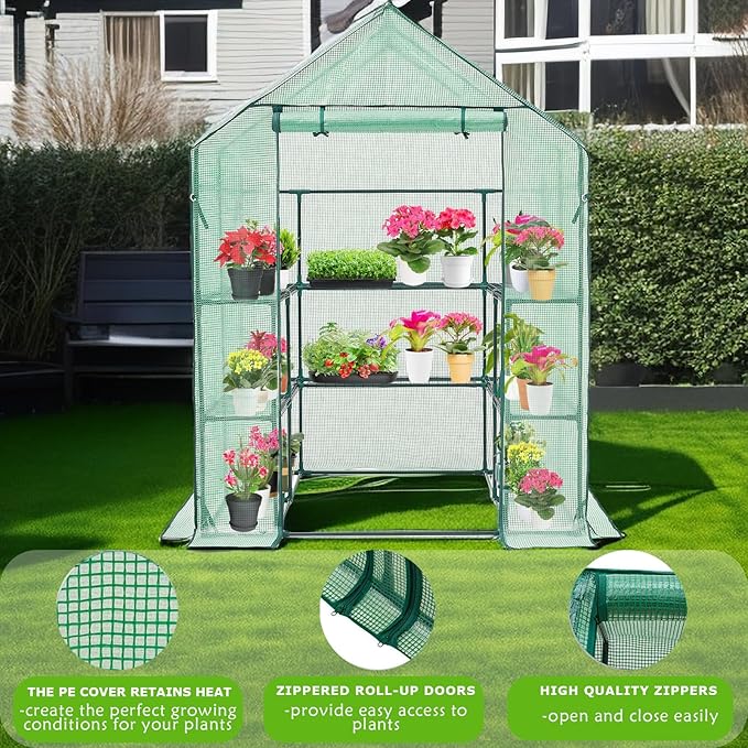 Purlyu Walk-in Greenhouse for Outdoors, Thickened PE Cover & Heavy Duty Powder-Coated Steel, Mesh Door & Screen Windows, 14 Sturdy Shelves 4.7x4.7x6.4 FT, (GHW002G)